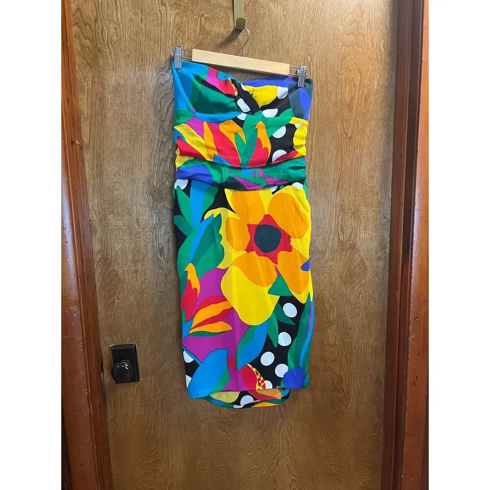 DVF Diane von Furstenberg Calida Strapless Dress Tropical Dot Flower Print Sze 6